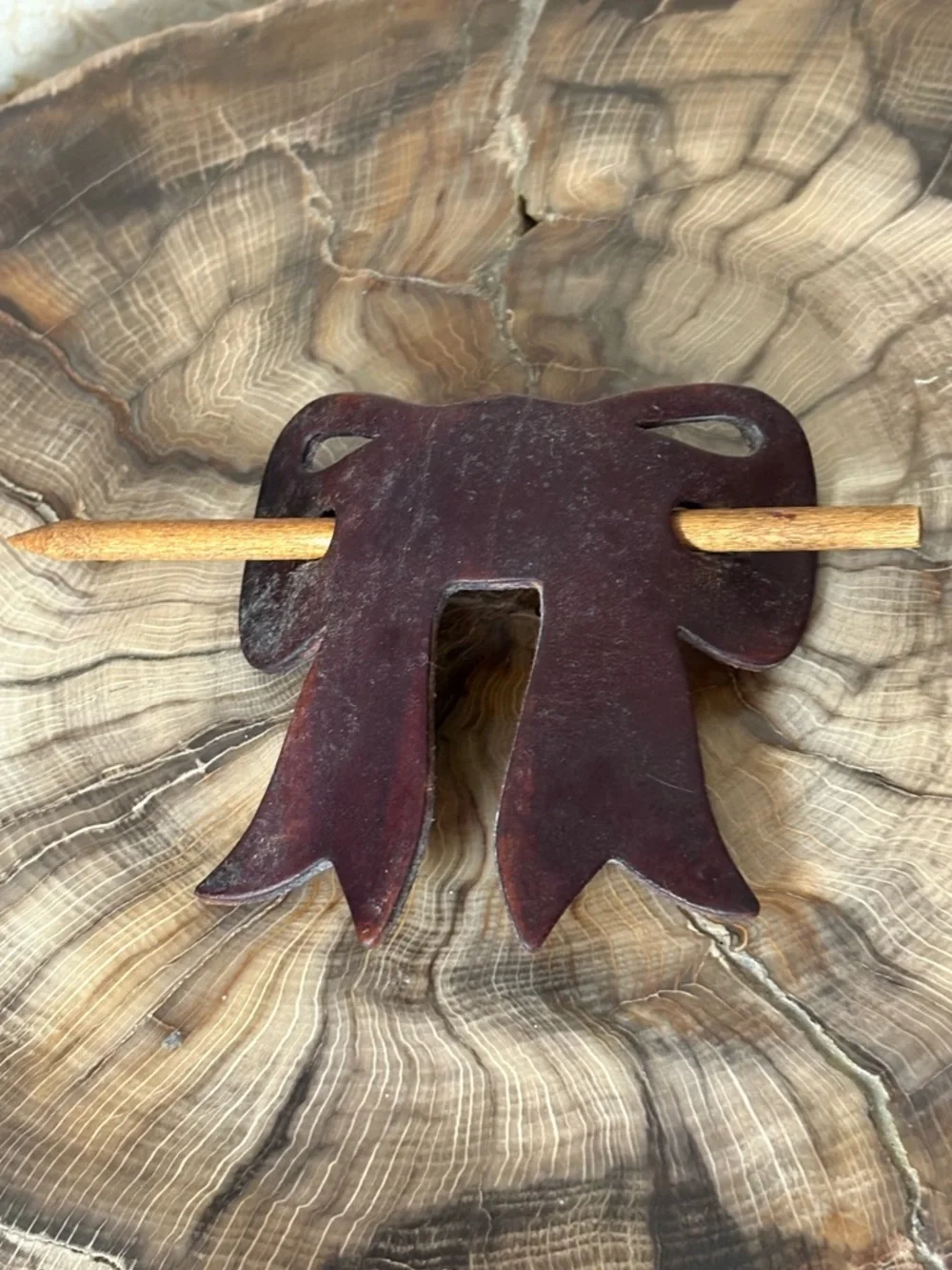 Brown Leather Bow Vintage Hair Clip with Wooden Stick
